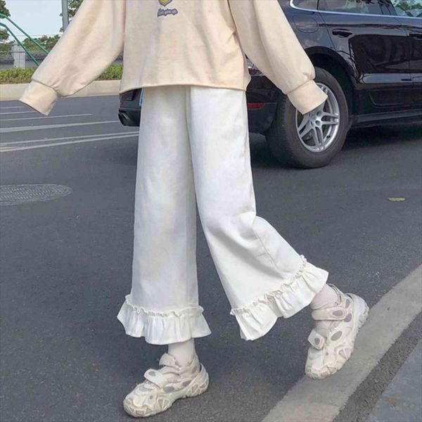 casual elastic waist straight spring women pants autumn cute loose ruffles wide leg harajuku girls student simple trousers, Black;white 
casual elastic waist straight spring women pants autumn cute loose ruffles wide leg harajuku girls student simple trousers, Black;white