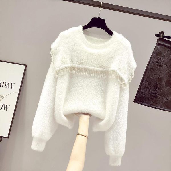 women 2021 autumn winter new thicken warm pullover female loose casual knitted ladies mink cashmere sweater w777, White;black
women 2021 autumn winter new thicken warm pullover female loose casual knitted ladies mink cashmere sweater w777, White;black