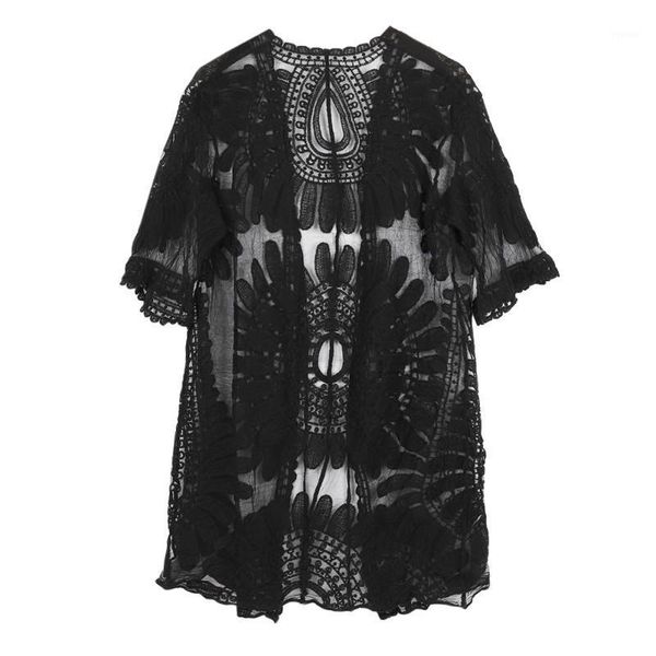 women beach dress lace embroidered casual long sleeve loose sun protection summer women's swimwear, White;black
women beach dress lace embroidered casual long sleeve loose sun protection summer women's swimwear, White;black