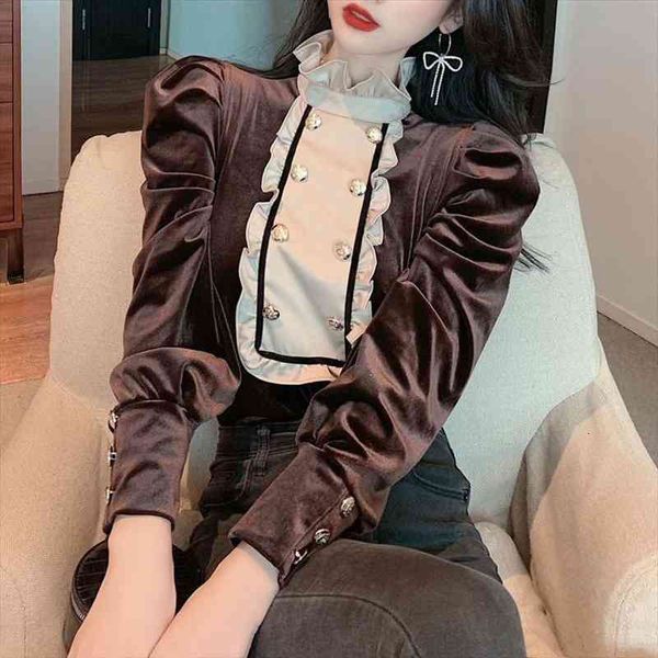 spring temperament vintage velvet double-breasted contrast color ruffles blouses women stand neck puff sleeve chic shirt female, White
spring temperament vintage velvet double-breasted contrast color ruffles blouses women stand neck puff sleeve chic shirt female, White