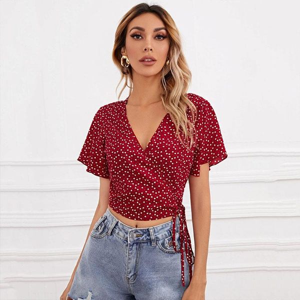 women's blouses & shirts summer women short sleeves ruffle crop polka dot printed deep v-neck navel t-shirt slim lace up woman 202, White
women's blouses & shirts summer women short sleeves ruffle crop polka dot printed deep v-neck navel t-shirt slim lace up woman 202, White