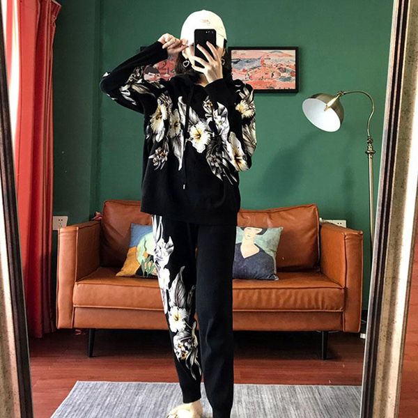 fashion flower print women black knitted tracksuit set loose hooded pullover trousers two piece outfits knit suits female, White
fashion flower print women black knitted tracksuit set loose hooded pullover trousers two piece outfits knit suits female, White