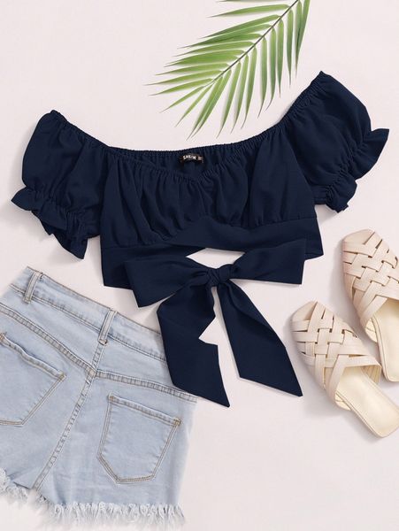 tied hem puff sleeve crop s2i7#, White 
tied hem puff sleeve crop s2i7#, White