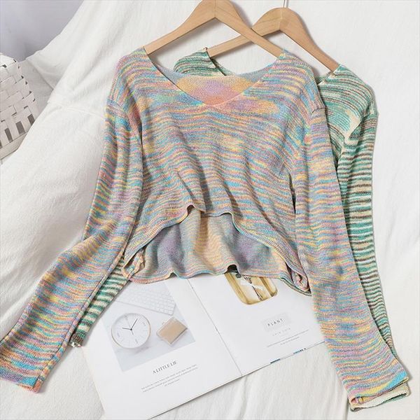 rainbow stripe knit cropped womens sweater short v neck long sleeve autumn japan korean sweet pullovers female gx1164, White;black
rainbow stripe knit cropped womens sweater short v neck long sleeve autumn japan korean sweet pullovers female gx1164, White;black