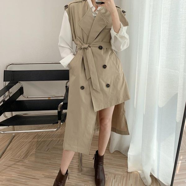 women's trench coats 2021 autumn double-breasted women irregular sleeveless vest loose casual long coat with belts, Tan;black
women's trench coats 2021 autumn double-breasted women irregular sleeveless vest loose casual long coat with belts, Tan;black