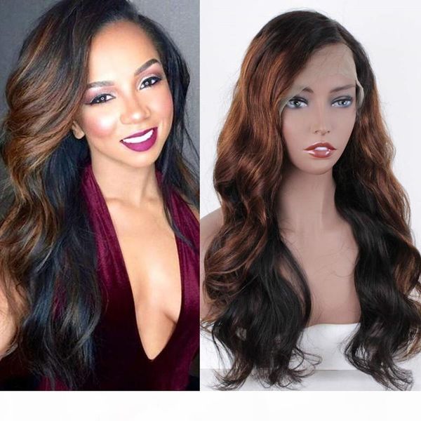 

ombre human hair wigs body wave highlight brazilian lace frontal wig for black women with baby hair bleached knots pre plucked 150% density, Black;brown