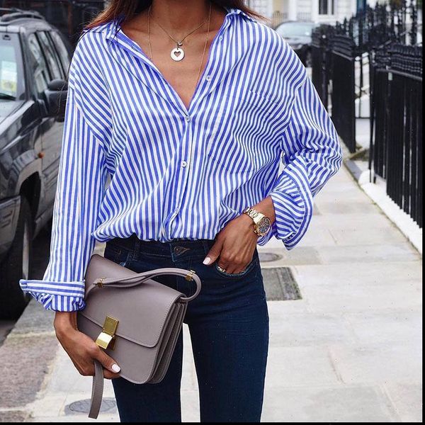 2021 new fashion blue striped shirts women long sleeve turn down v neck button ladies shirts summer blouse clothes, White
2021 new fashion blue striped shirts women long sleeve turn down v neck button ladies shirts summer blouse clothes, White