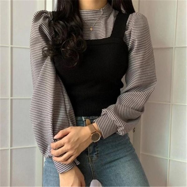 fashion women blouses 2021 korean style vintage half-turtleneck plaid blusas patchwork knitted vests long-sleeved preppy, White
fashion women blouses 2021 korean style vintage half-turtleneck plaid blusas patchwork knitted vests long-sleeved preppy, White
