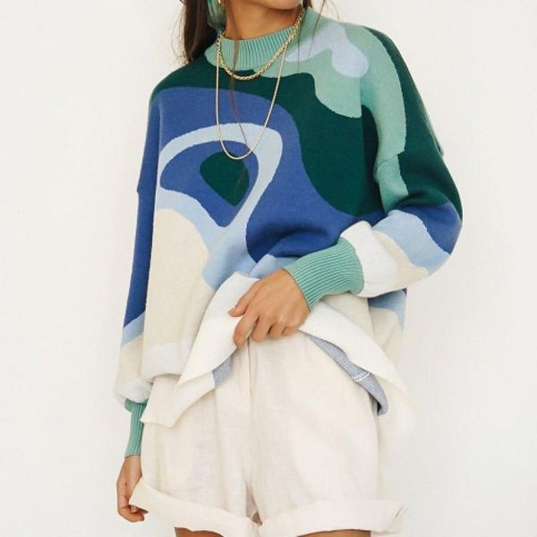 women's sweaters 2021 european and american wear round neck pullover blue white print college style sweater, White;black
women's sweaters 2021 european and american wear round neck pullover blue white print college style sweater, White;black