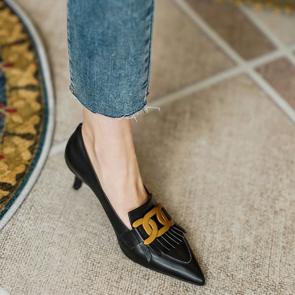 Womens genuine leather thin high heel pointed toe slip-on pumps elegant ladies OL style big chain fringe decoration dress shoes, Black
Womens genuine leather thin high heel pointed toe slip-on pumps elegant ladies OL style big chain fringe decoration dress shoes, Black