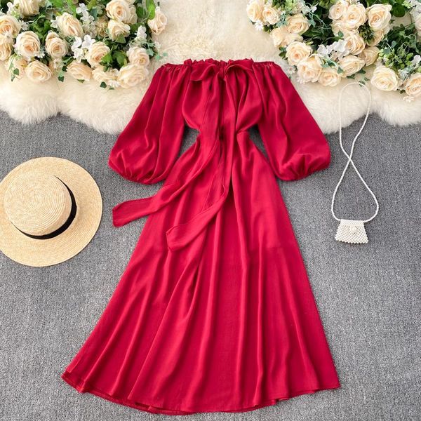slash neck puff sleeve yellow/red/white party beach dress women elegant high waist big swing vestidos spring autumn fashion, Black;gray
slash neck puff sleeve yellow/red/white party beach dress women elegant high waist big swing vestidos spring autumn fashion, Black;gray