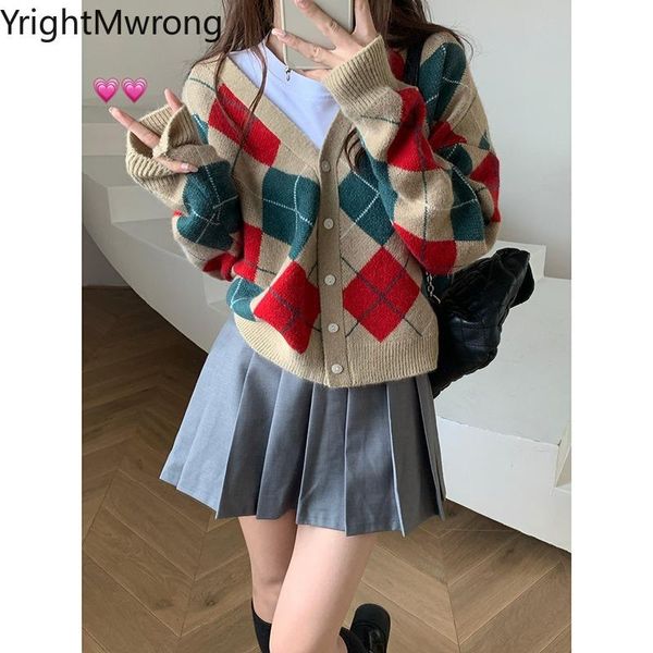 women's knits & tees plaid arygle vintage v neck button knitted cardigan sweater coat fashion korean knit outwear jumper college women, White
women's knits & tees plaid arygle vintage v neck button knitted cardigan sweater coat fashion korean knit outwear jumper college women, White