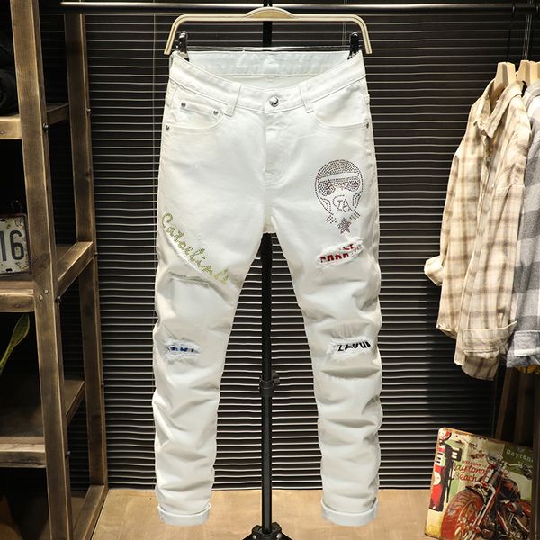 jeans spring and summer white color diamond men's fashion casual hole patch embroidery slim stretch pants, Blue
jeans spring and summer white color diamond men's fashion casual hole patch embroidery slim stretch pants, Blue