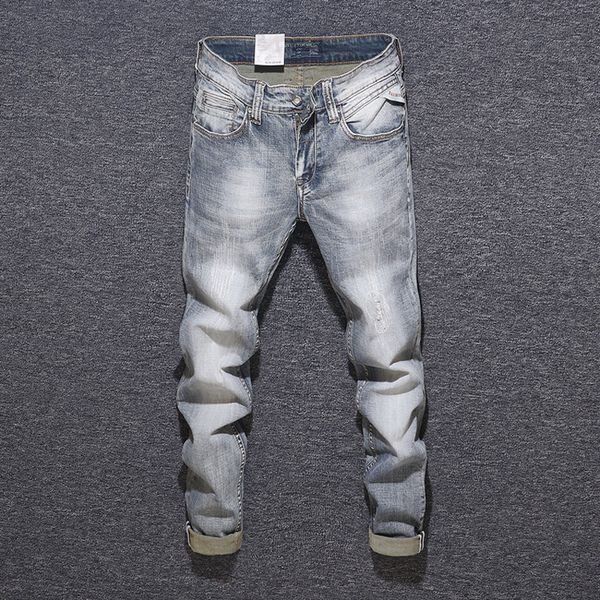 2021 new italian style fashion retro gray slim fit elastic ripped men denim pants streetwear vintage designer jeans homme 4rat, Blue
2021 new italian style fashion retro gray slim fit elastic ripped men denim pants streetwear vintage designer jeans homme 4rat, Blue