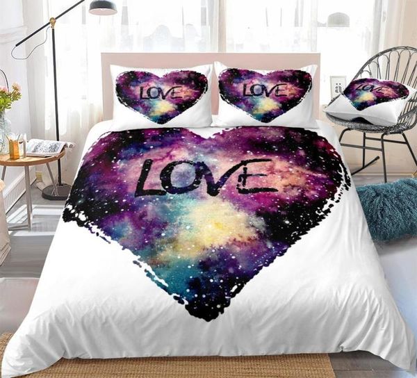 galaxy bedding set love heart bed linen purple white bedcloth lovers duvet cover set boy girl home textile microfiber beds set