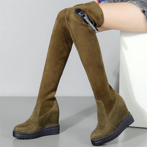 boots women genuine leather wedges high heel over the knee military female round toe stretchy thigh fashion sneakers, Black 
boots women genuine leather wedges high heel over the knee military female round toe stretchy thigh fashion sneakers, Black