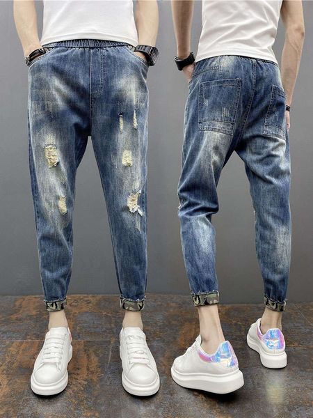 summer men's holed small leg jeans capris worn out trend bunched beggars pants low crotch harlan net red tide pants, Blue
summer men's holed small leg jeans capris worn out trend bunched beggars pants low crotch harlan net red tide pants, Blue