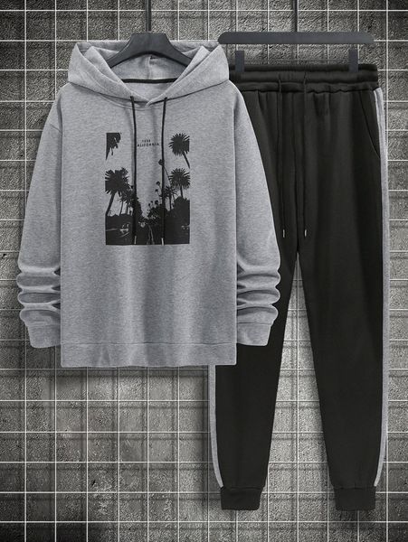 men letter & palm tree print drawstring hoodie & sweatpants o1sg#, Gray 
men letter & palm tree print drawstring hoodie & sweatpants o1sg#, Gray