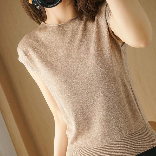 women's t-shirt lurex knitted summer high elasticity o-neck crimping sleeveless tee shirt breathable female tshirts, White
women's t-shirt lurex knitted summer high elasticity o-neck crimping sleeveless tee shirt breathable female tshirts, White