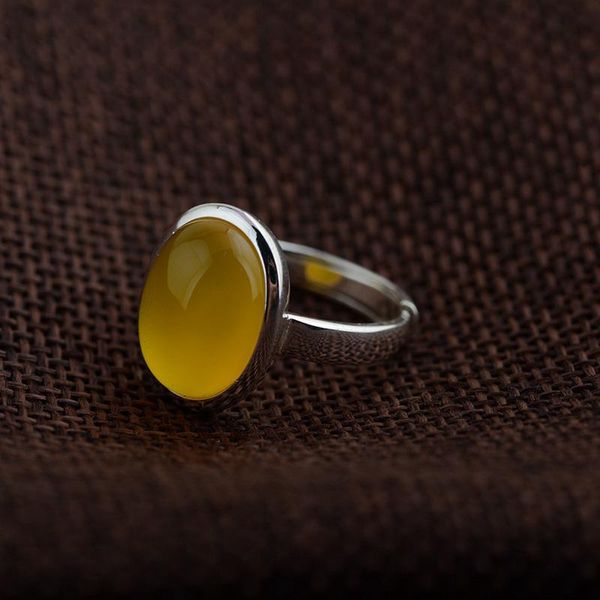 

cluster rings fnj natural chalcedony ring 925 sterling silver yellow stone s925 thai for women jewelry anillos male men, Golden;silver