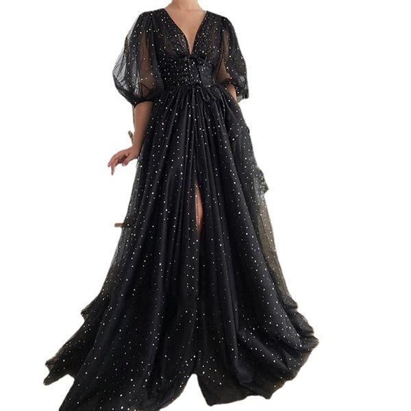 elegant black starry tulle prom party dresses half puff sleeve split pleats v neck a line formal evening party vestidos de fiesta
elegant black starry tulle prom party dresses half puff sleeve split pleats v neck a line formal evening party vestidos de fiesta
