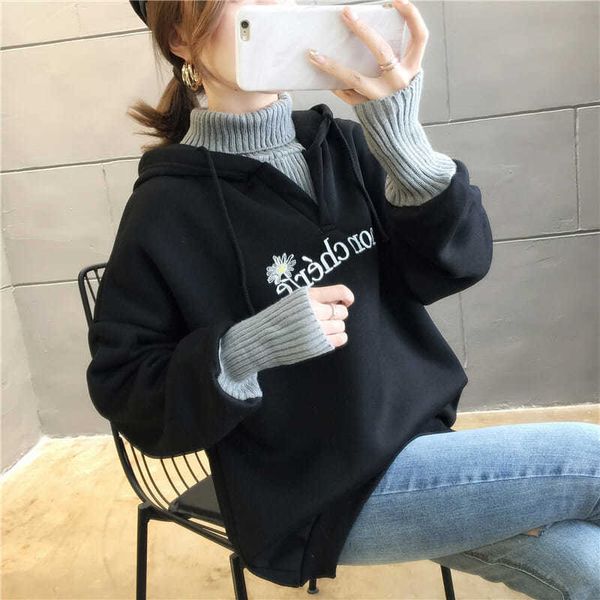 autumn and winter new korean version of womens hooded high collar fake two fashionable with plush thickening for students, Black
autumn and winter new korean version of womens hooded high collar fake two fashionable with plush thickening for students, Black