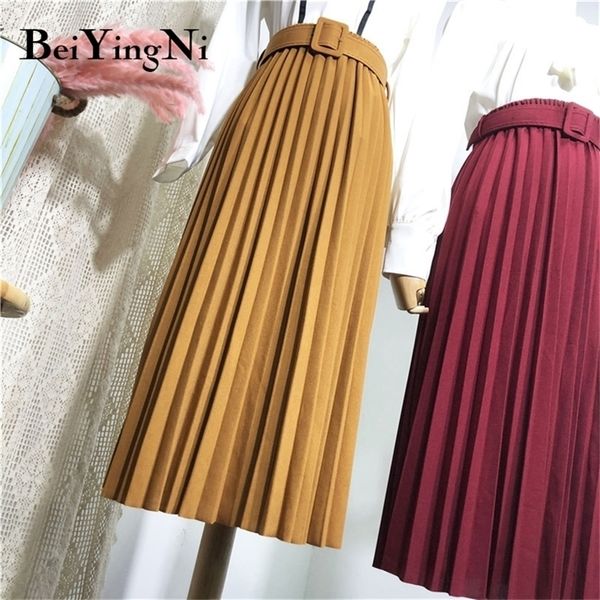 

beiyingni high waist women skirt casual vintage solid belted pleated midi skirts lady 11 colors fashion simple saia mujer faldas 210310, Black