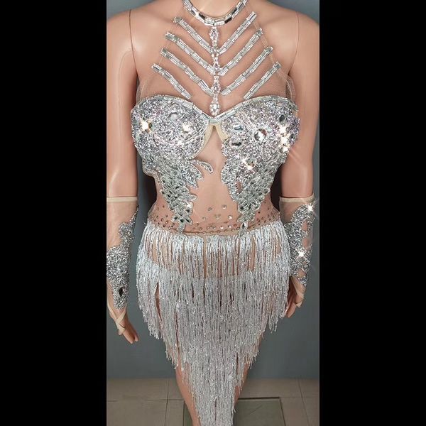 women sparkly silver crystals fringes dance costume rhinestones gloves tassel bodysuit party stage wear dance costume bodysuit, Black;red 
women sparkly silver crystals fringes dance costume rhinestones gloves tassel bodysuit party stage wear dance costume bodysuit, Black;red