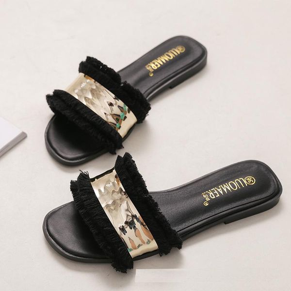sandals gold band tassel women flats heel metal decoration slippers double layer fringe flip flops big size 259, Black
sandals gold band tassel women flats heel metal decoration slippers double layer fringe flip flops big size 259, Black