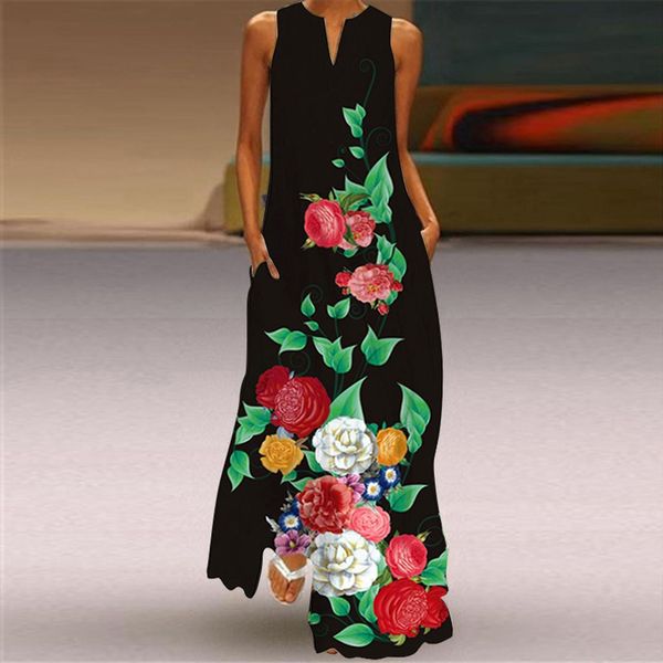 40 sleeveless maxi vintage women dresses print v neck summer party cami with pockets for vestidos, Black;gray
40 sleeveless maxi vintage women dresses print v neck summer party cami with pockets for vestidos, Black;gray