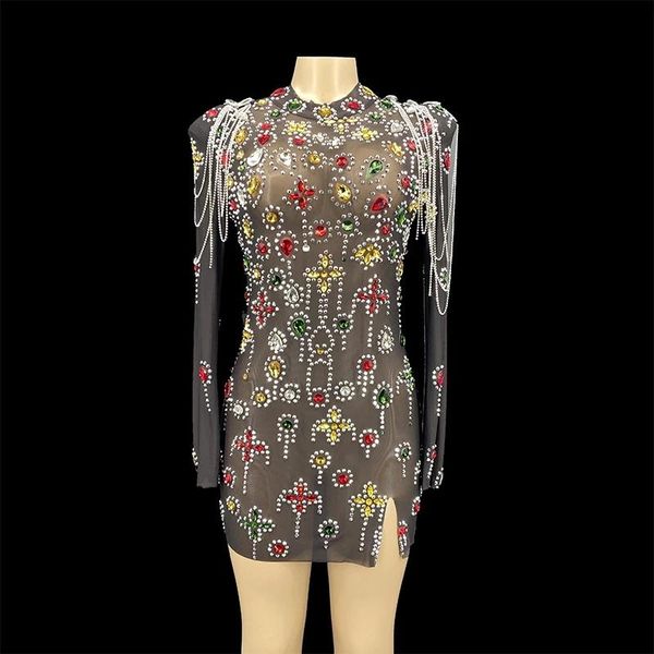 party decoration design black mesh colorful crystals mini dress chains sleeves costume evening turtleneck
party decoration design black mesh colorful crystals mini dress chains sleeves costume evening turtleneck