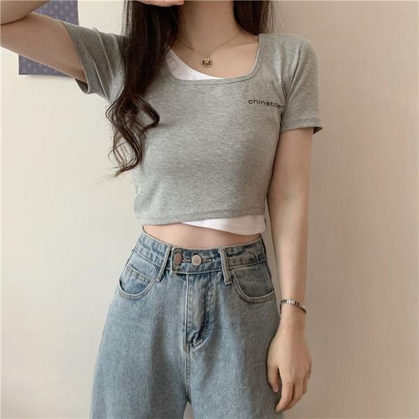 women's t-shirt summer design sense korean sweet and cool high-waist short fake two short-sleeved t-shirts for women, White
women's t-shirt summer design sense korean sweet and cool high-waist short fake two short-sleeved t-shirts for women, White