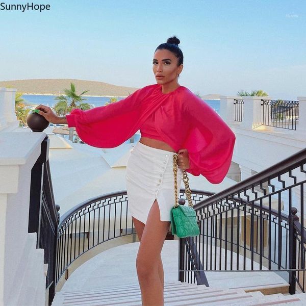 women's blouses & shirts 2021 women fashion balloon puff sleeves vintage o-neck elegant lady high street shirt chic crop woman femme, White 
women's blouses & shirts 2021 women fashion balloon puff sleeves vintage o-neck elegant lady high street shirt chic crop woman femme, White