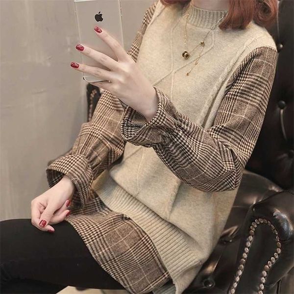 sweater casual fake two piece plaid shirt patchwork fashion long sleeve loose pullover female 211011, White;black 
sweater casual fake two piece plaid shirt patchwork fashion long sleeve loose pullover female 211011, White;black