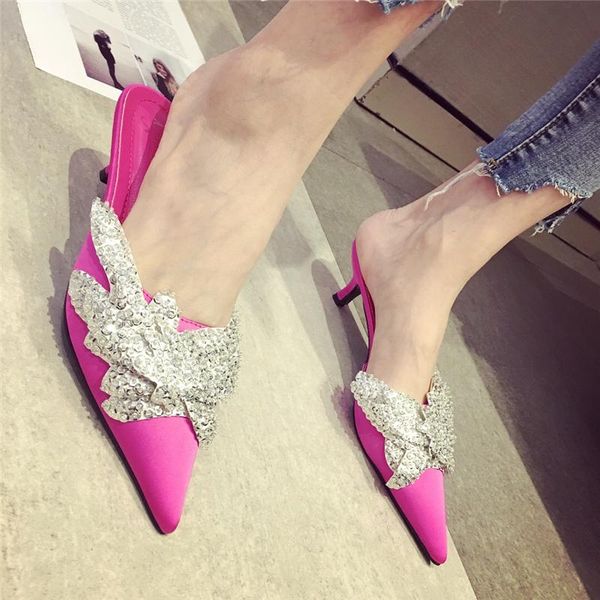 slippers 2021 summer luxury women's bling crystal shoes korean silk satin pointed toe slides bow tie rose red low heels, Black
slippers 2021 summer luxury women's bling crystal shoes korean silk satin pointed toe slides bow tie rose red low heels, Black