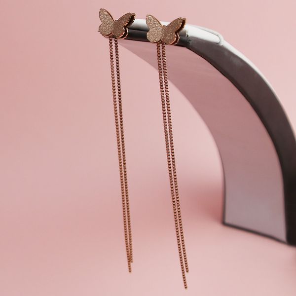 fashion new beautiful rose golden frosted butterfly hanging box chain tassel earrings wild titanium steel women earrings, Silver
fashion new beautiful rose golden frosted butterfly hanging box chain tassel earrings wild titanium steel women earrings, Silver