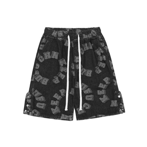 men's shorts side-buttoned fork letter print denim summer tide wash made old loose straight five-point pants, White;black
men's shorts side-buttoned fork letter print denim summer tide wash made old loose straight five-point pants, White;black