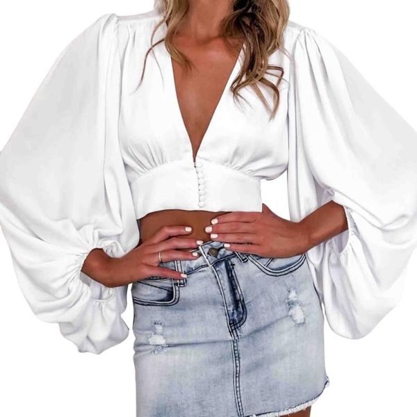 women's t-shirt women´s fashion crop deep v neck long puff sleeve cropped blouse button down shirts casual slim base short, White
women's t-shirt women´s fashion crop deep v neck long puff sleeve cropped blouse button down shirts casual slim base short, White