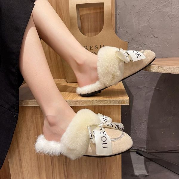 slippers 2021 baotou big bow female jacket plush fashion home, Black 
slippers 2021 baotou big bow female jacket plush fashion home, Black