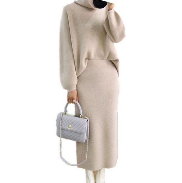 two piece dress high collar sweater women's suit autumn and winter fashion solid color two-piece casual thick knit skirt 2 sets, White
two piece dress high collar sweater women's suit autumn and winter fashion solid color two-piece casual thick knit skirt 2 sets, White