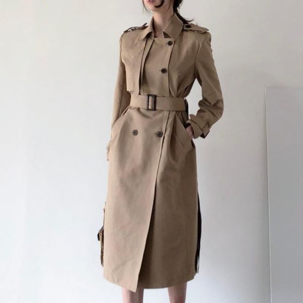 women's trench coats spring autumn vintage british style coat female lapel double-breasted over the knee windbreater with belt abrigos, Tan;black
women's trench coats spring autumn vintage british style coat female lapel double-breasted over the knee windbreater with belt abrigos, Tan;black