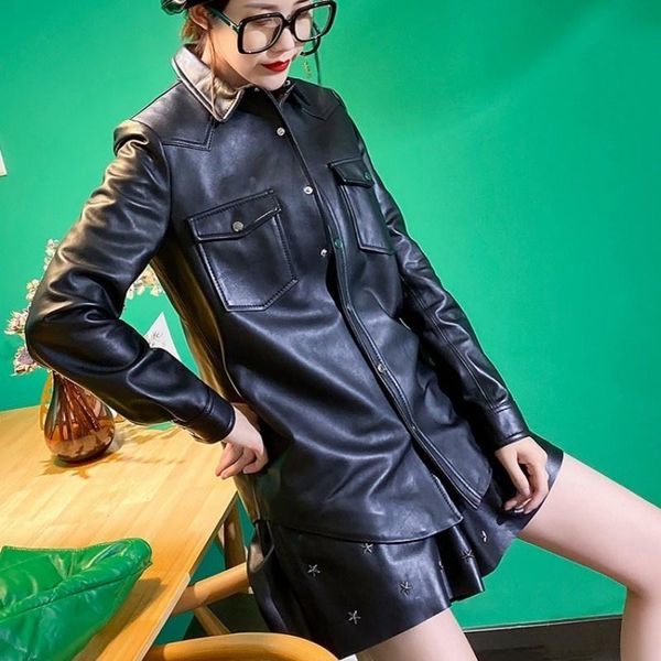 women's leather & faux real streetwear jacket women slim office sheepskin shirts coat single breasted casual medium long outerwear, Black
women's leather & faux real streetwear jacket women slim office sheepskin shirts coat single breasted casual medium long outerwear, Black