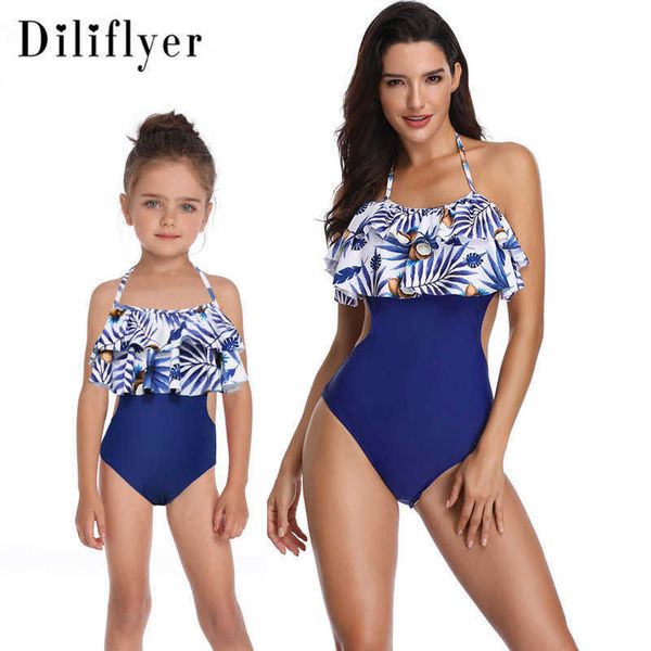 women's swimwear 2021 printed one piece double ruffle parent child swimsuit, White;black 
women's swimwear 2021 printed one piece double ruffle parent child swimsuit, White;black