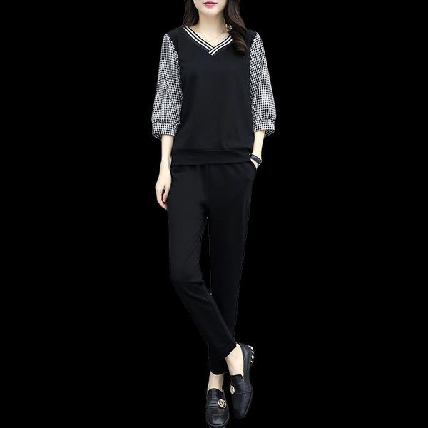 women's two piece pants 2021 spring and summer fashion grid splicing sleeve v-neck women outfit pullover trousers leisure, White
women's two piece pants 2021 spring and summer fashion grid splicing sleeve v-neck women outfit pullover trousers leisure, White