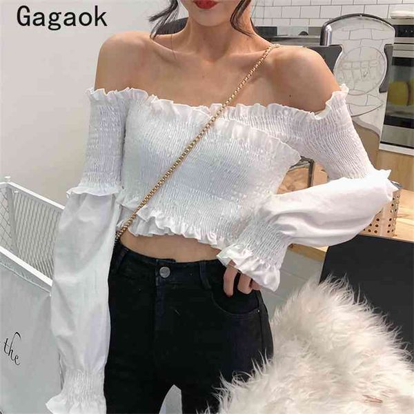 women & club fashion shirt summer solid slash neck lantern sleeve ruffles navel slim wild and blouses 210531, White
women & club fashion shirt summer solid slash neck lantern sleeve ruffles navel slim wild and blouses 210531, White