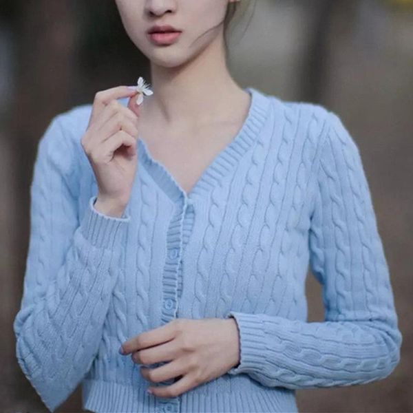 women's knits & tees 2021 autumn and winter sweet style american retro twist light blue sweater single row button coat, White
women's knits & tees 2021 autumn and winter sweet style american retro twist light blue sweater single row button coat, White
