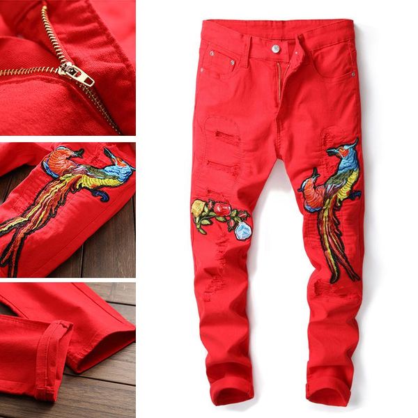 men's jeans embroidered red phoenix design men four seasons fashion trendy ripped pants comer denim long slim fit, Blue
men's jeans embroidered red phoenix design men four seasons fashion trendy ripped pants comer denim long slim fit, Blue