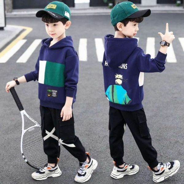 new 2021 boys' spring hooded fashion children's casual two piece suit, White
