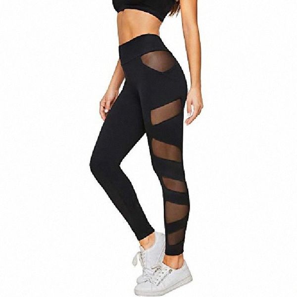 women's stretchy skinny sheer mesh insert workout yoga leggings black-1 s i3vi#