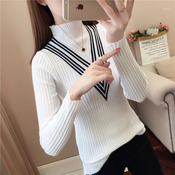 #6316 purple yellow black white elastic knitted sweater women korean style turtleneck sweaters and pullovers long sleeved women's, White;black
#6316 purple yellow black white elastic knitted sweater women korean style turtleneck sweaters and pullovers long sleeved women's, White;black